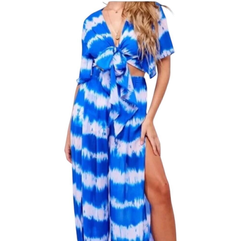 LAtiste By Amy 2 Pc Outfit Women's Blue Cropped Top Wide Leg Pull On Pants M NWT